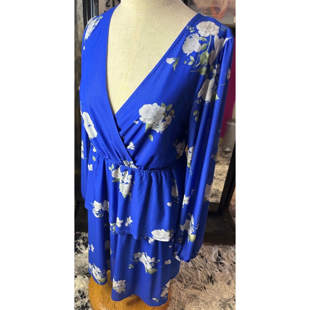 Morgan & Taylor Royal Blue Floral Tiered Long Sleeve V-Neck Dress Size 2